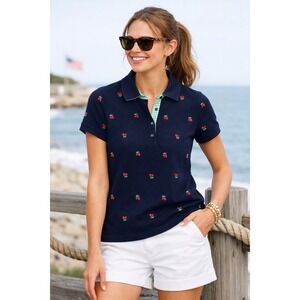 NWT Talbots Petite Womens Polo Shirt Navy Size P Cherry Embroidered Gingham Trim